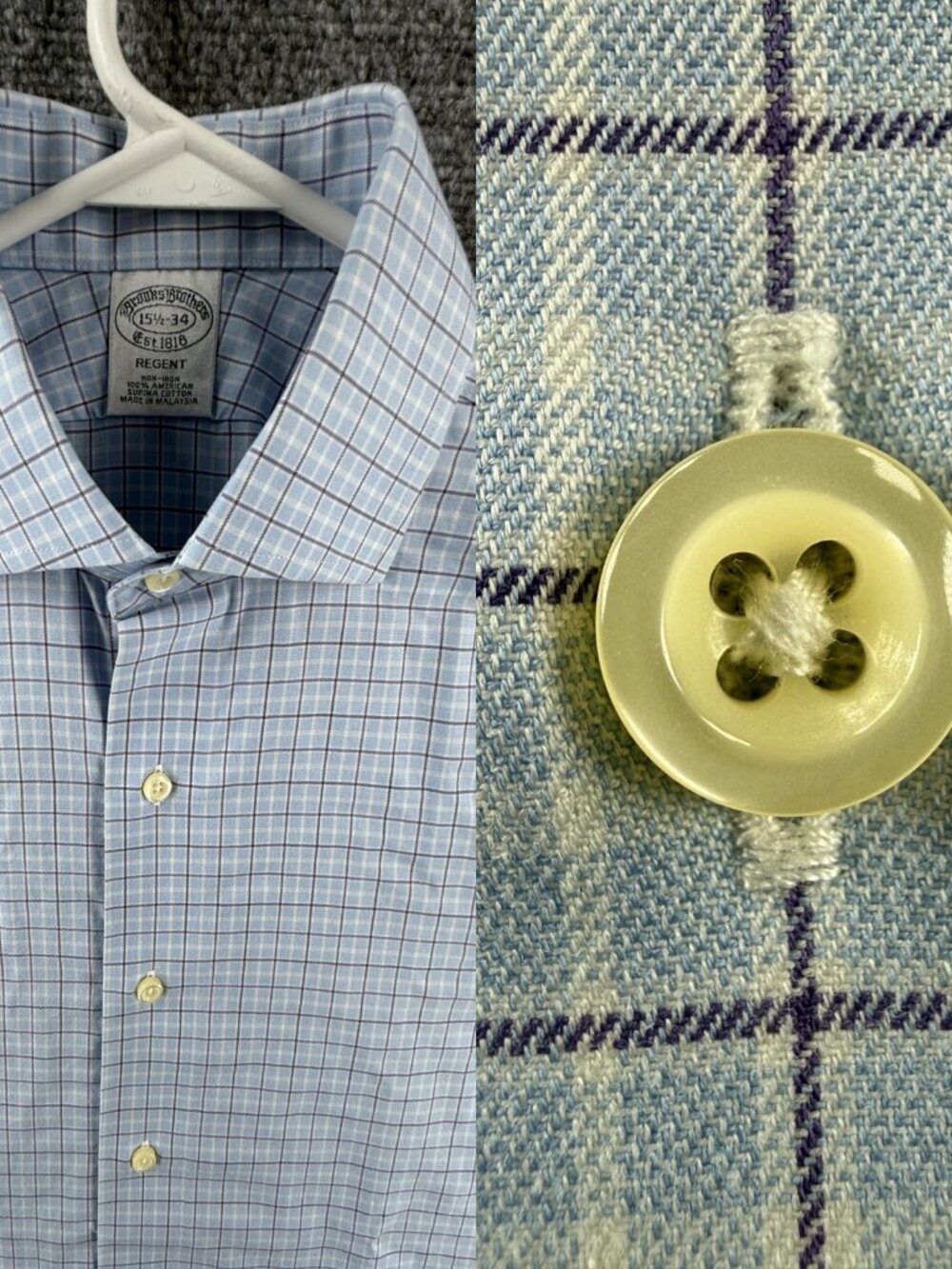 Brooks Brothers Check 15.5 34 Non-Iron Cotton Regent Blue Office Long Sleeve Men